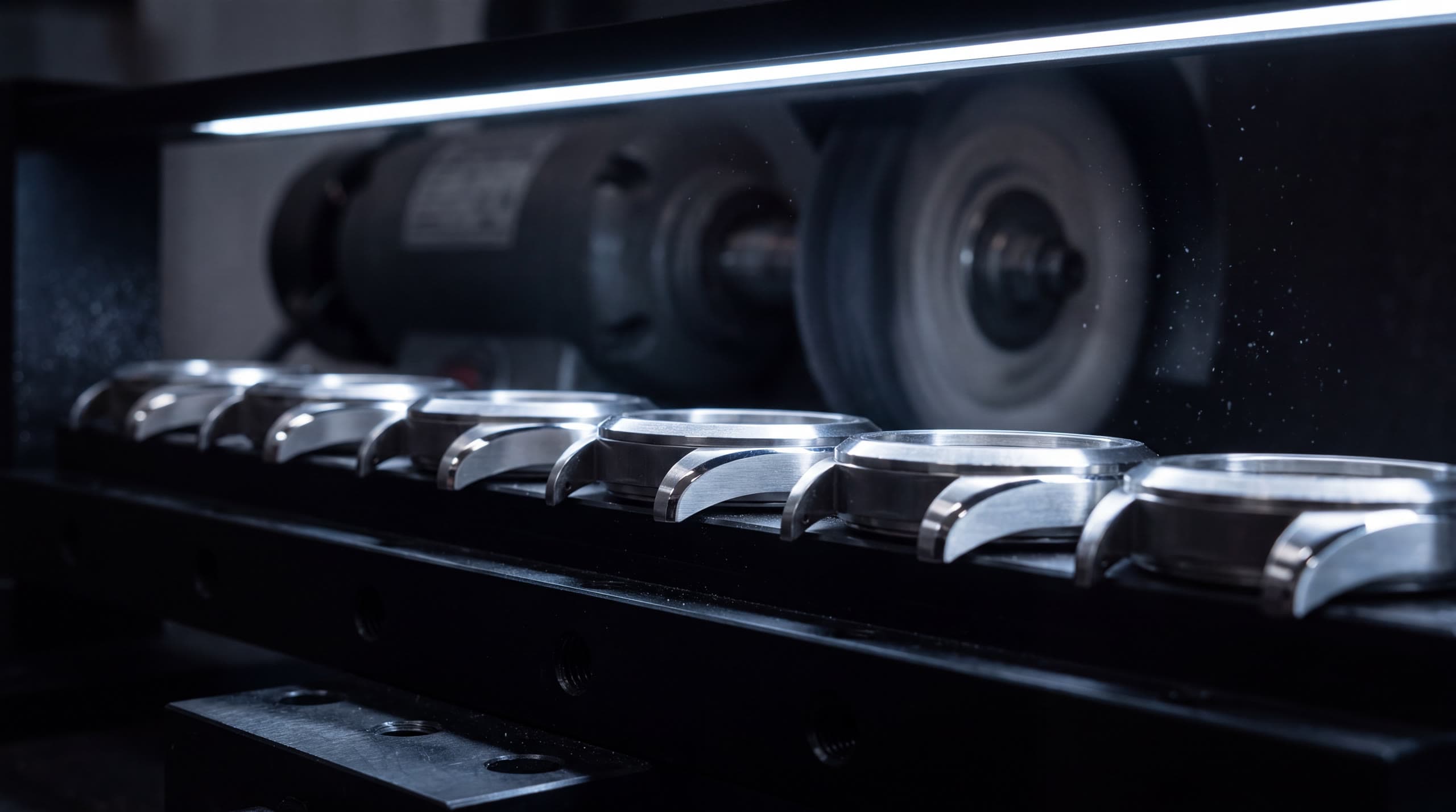 A row of Glacier Steel cases on the finishing bench, brushed lug tops catching a line of light.
