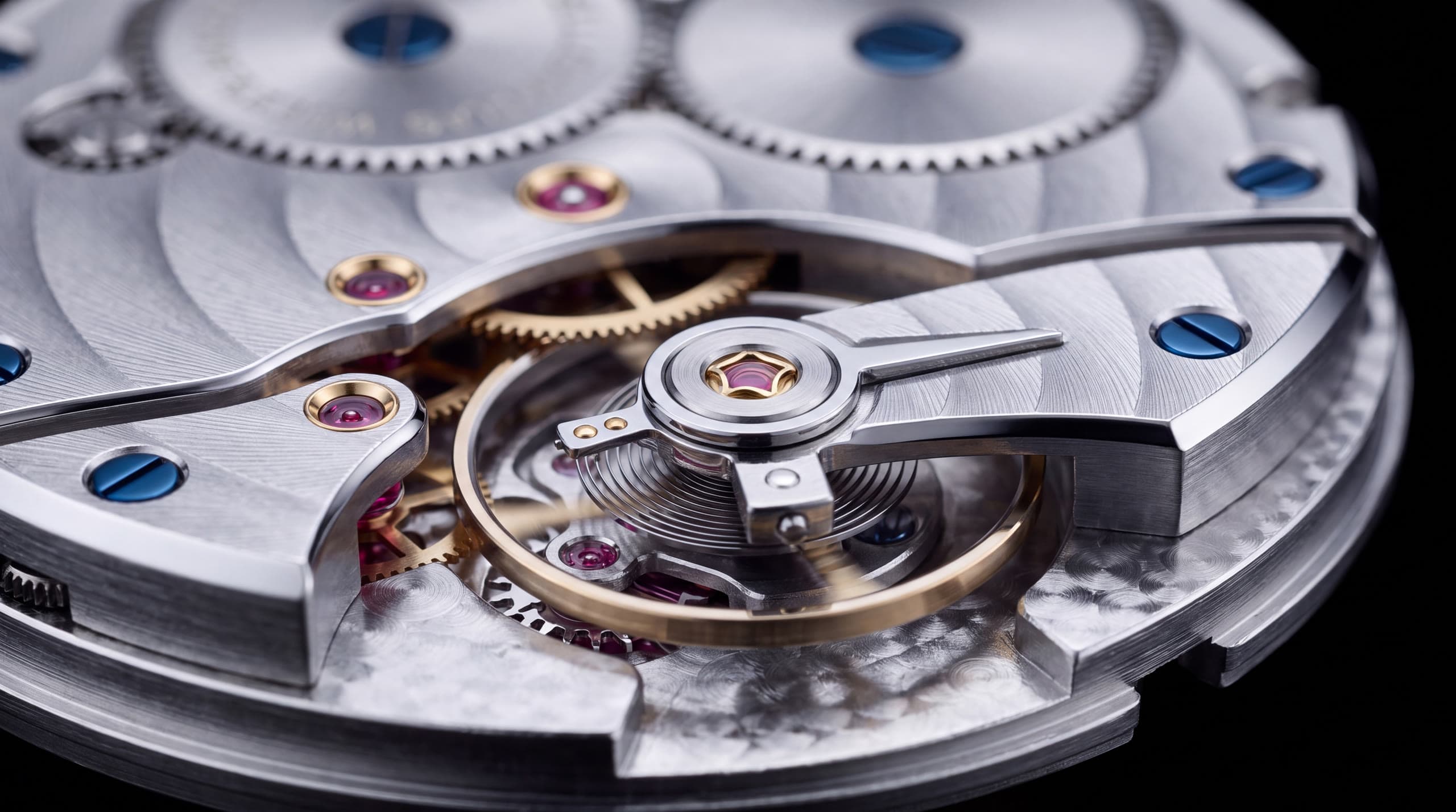 Macro of calibre SR-24: free-sprung balance, ruby jewels, blued screws and Côtes de Genève on the bridges.