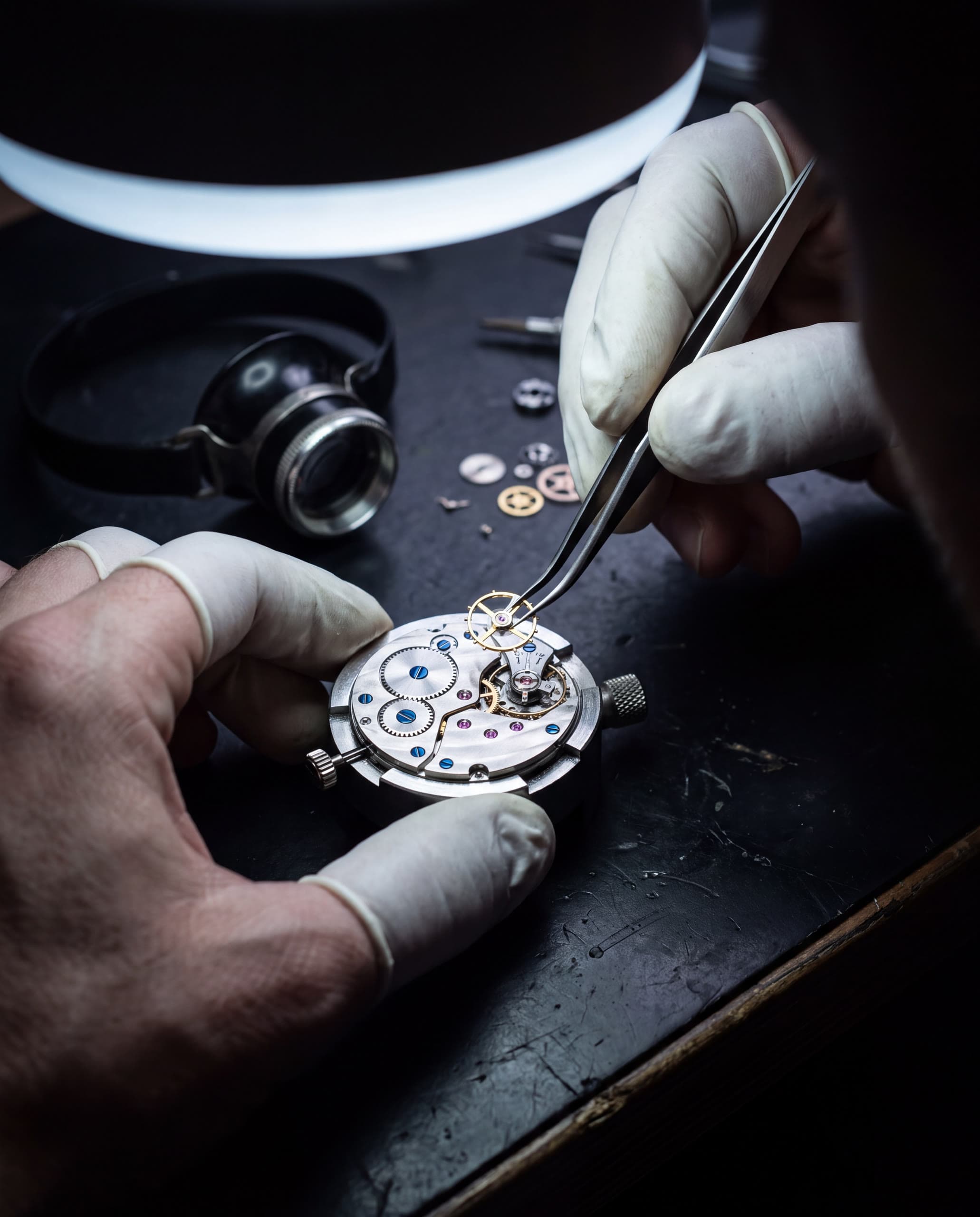 A watchmaker's gloved hands setting a component into the movement with fine tweezers under bench light.