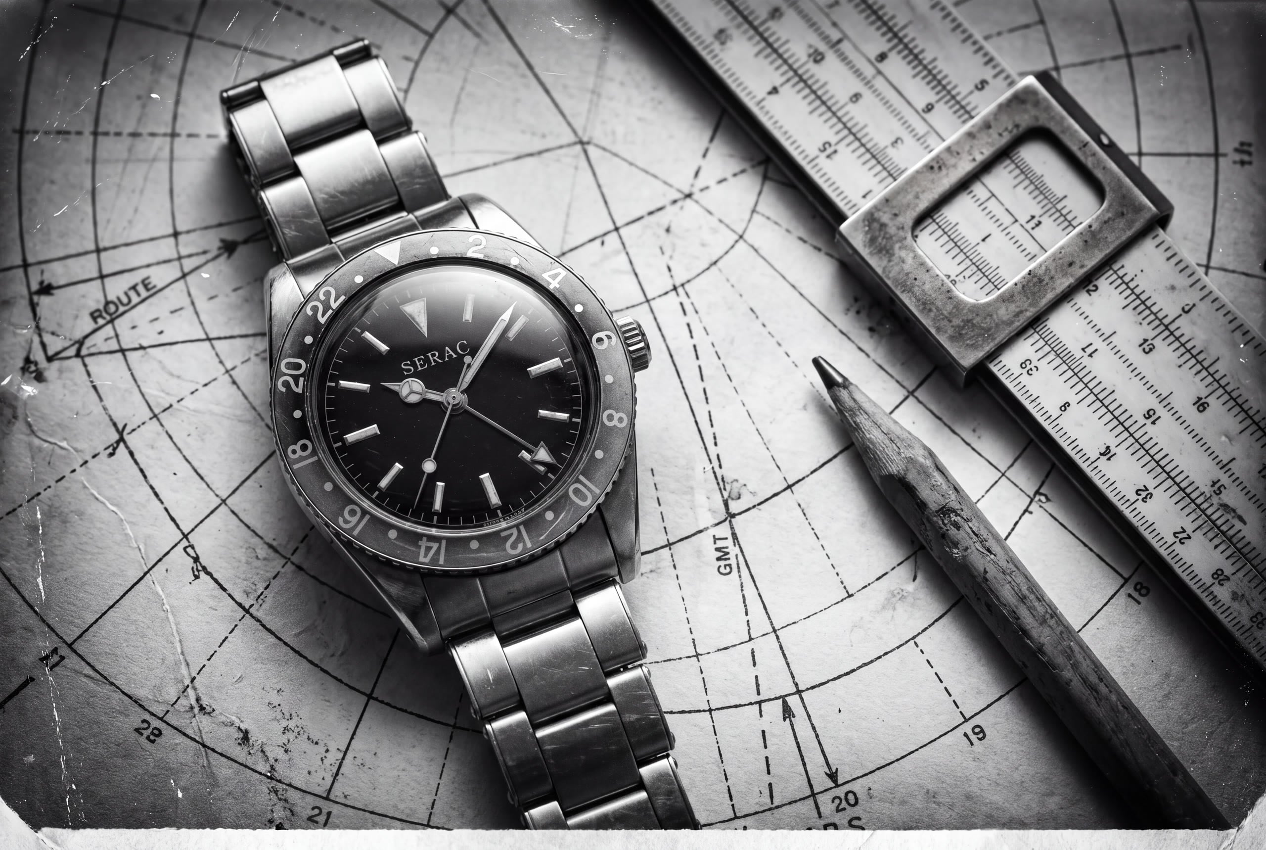 Black-and-white photograph: an early Traverse on its steel bracelet, lying on a polar navigation chart marked ‘Route’ and ‘GMT’, next to a slide rule and a pencil.